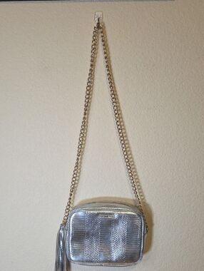 Victoria's Secret Silver Metallic Crossbody Camera Bag with Tassel